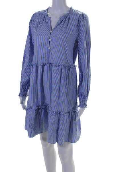 J Crew Womens Cotton Striped Ruched V-Neck Long Sleeve Dress Blue Size 10