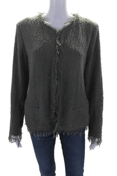 IRO Womens Cotton Tweed Open Front Fringe Trim Cardigan Gray Size 44