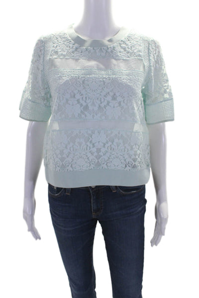 Rebecca Taylor Womens Silk Short Sleeve Lace Blouse Blue Size 4