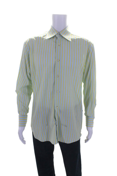 Poggianti 1958 Mens Long Sleeve Striped Button Down Shirt Blue Yellow Size L