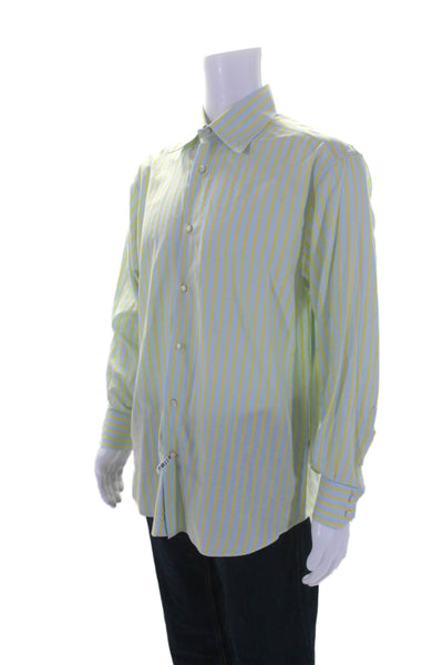 Poggianti 1958 Mens Long Sleeve Striped Button Down Shirt Blue Yellow Size L