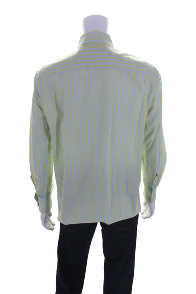 Poggianti 1958 Mens Long Sleeve Striped Button Down Shirt Blue Yellow Size L