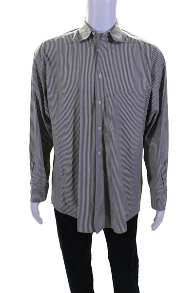 Ermenegildo Zegna Mens Cotton Striped Print Button Down Dress Shirt Gray Size L