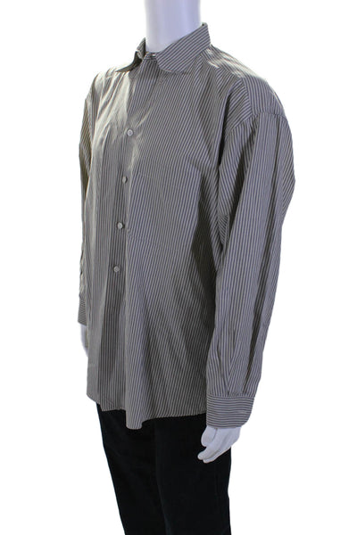 Ermenegildo Zegna Mens Cotton Striped Print Button Down Dress Shirt Gray Size L