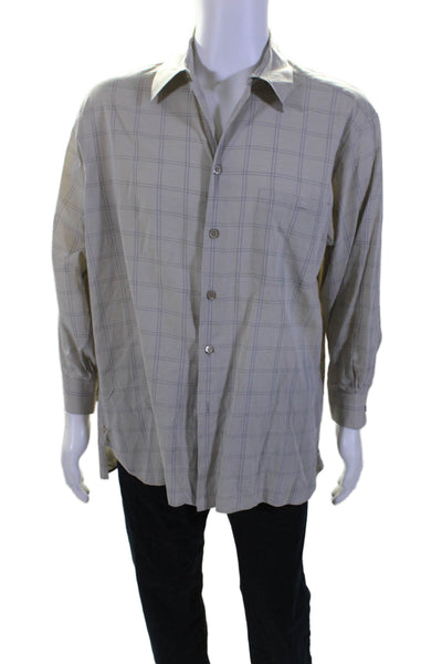 Ermenegildo Zegna Mens Cotton Check Print Long Sleeve Dress Shirt Beige Size L