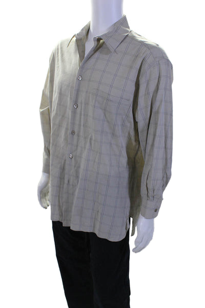 Ermenegildo Zegna Mens Cotton Check Print Long Sleeve Dress Shirt Beige Size L