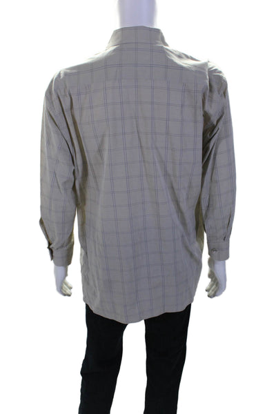 Ermenegildo Zegna Mens Cotton Check Print Long Sleeve Dress Shirt Beige Size L