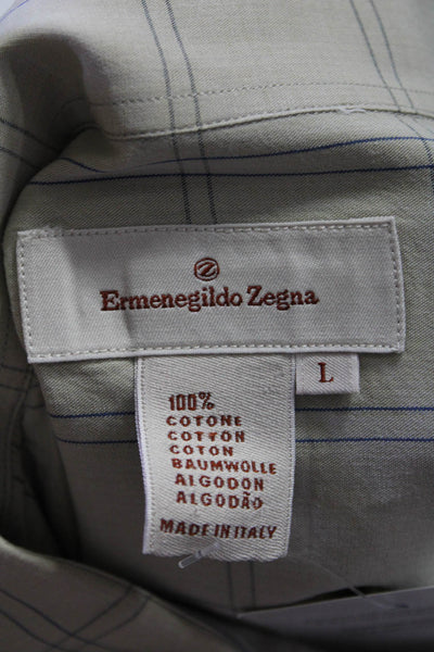 Ermenegildo Zegna Mens Cotton Check Print Long Sleeve Dress Shirt Beige Size L