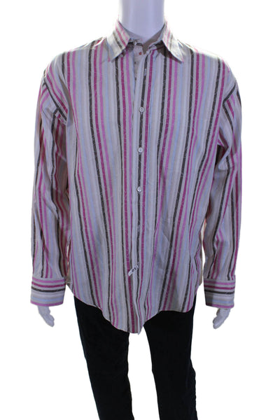 Bugatchi Mens Cotton Striped Print Button Down Dress Shirt Multicolor Size L