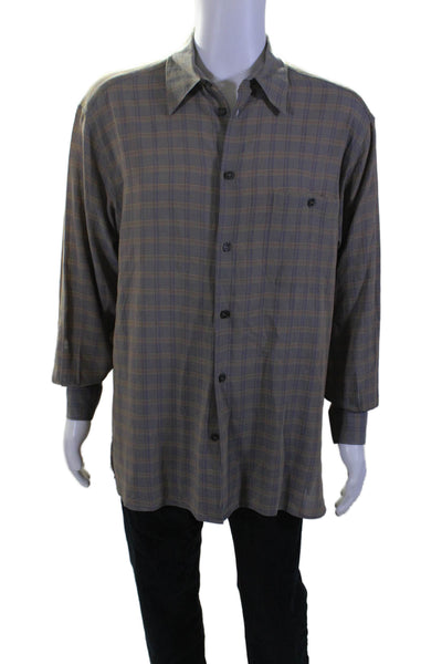 Ermenegildo Zegna Mens Cotton Plaid Print Collared Button Down Shirt Gray Size L