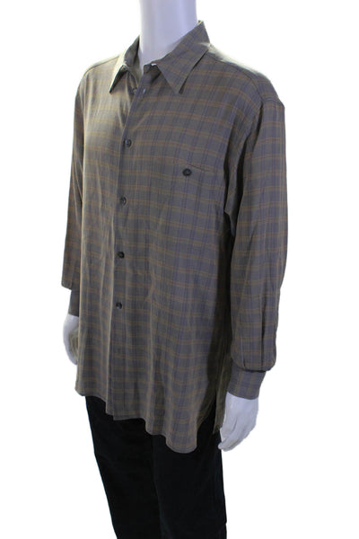 Ermenegildo Zegna Mens Cotton Plaid Print Collared Button Down Shirt Gray Size L