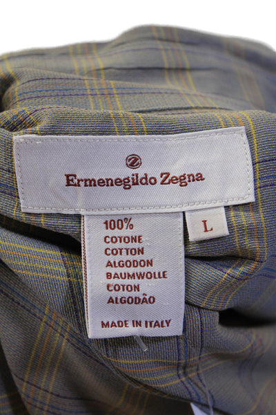 Ermenegildo Zegna Mens Cotton Plaid Print Collared Button Down Shirt Gray Size L