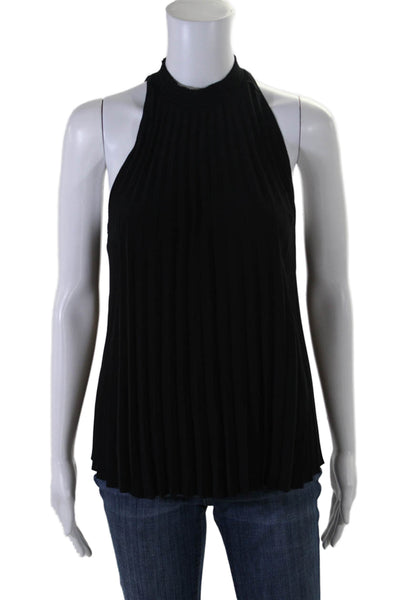 ALC Women's High Neck Button Closure Sleeveless Pleated Blouse Black Size 0