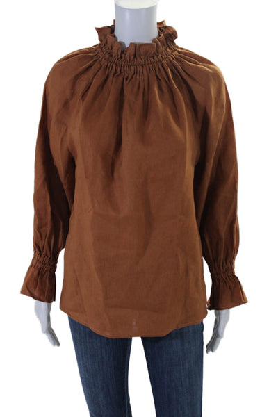 Ephemera Women's Ruffle Neck Long Sleeves Linen Blouse Brown Size 2