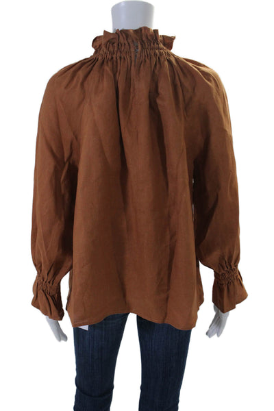 Ephemera Women's Ruffle Neck Long Sleeves Linen Blouse Brown Size 2