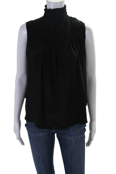 Frame Women's Smocked High Neck Sleeveless Silk Blouse Black Size XS