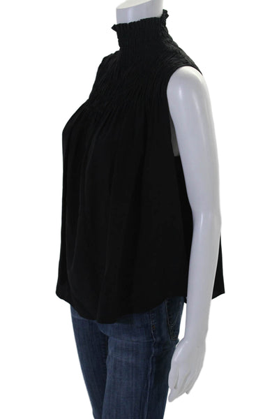 Frame Women's Smocked High Neck Sleeveless Silk Blouse Black Size XS