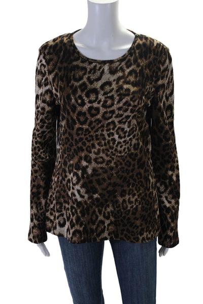 St. John Womens Long Sleeve Scoop Neck Leopard Print Shirt Brown Size Medium