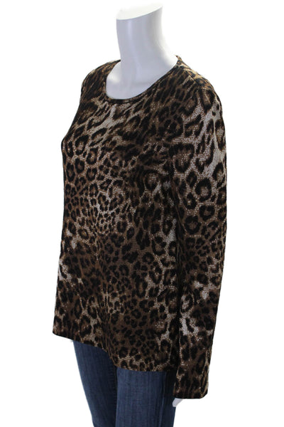 St. John Womens Long Sleeve Scoop Neck Leopard Print Shirt Brown Size Medium