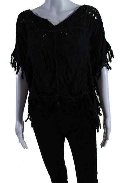 Love Sam Womens Tassel Trim V-Neck Short Sleeve Pullover Blouse Top Black Size S