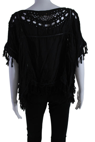 Love Sam Womens Tassel Trim V-Neck Short Sleeve Pullover Blouse Top Black Size S