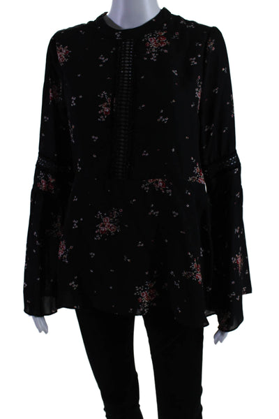 Show Me Your Mumu Womens Floral Long Sleeve Zip Up Blouse Top Black Size S