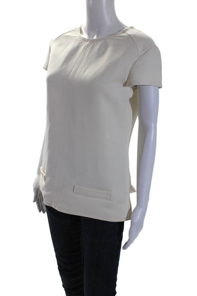 Courreges Womens White Crew Neck Faux Pockets Short Sleeve Blouse Top Size 38