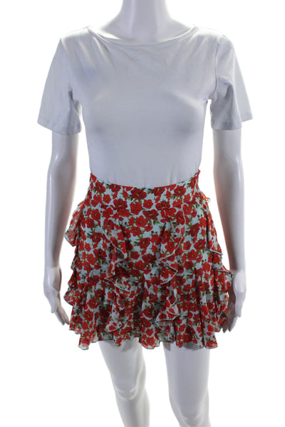 Alice + Olivia Womens Blue Red Cotton Blend Floral Ruffle Mini Skirt Size 2