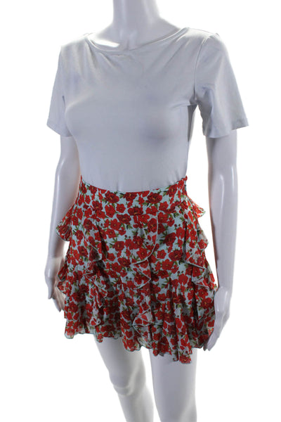 Alice + Olivia Womens Blue Red Cotton Blend Floral Ruffle Mini Skirt Size 2