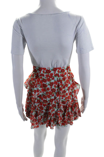 Alice + Olivia Womens Blue Red Cotton Blend Floral Ruffle Mini Skirt Size 2