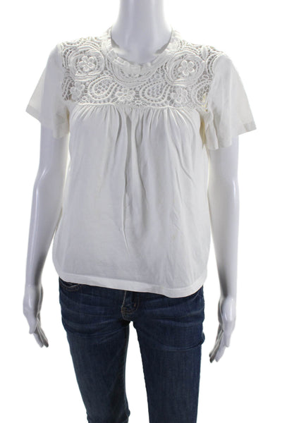 Chloe Womens Cotton Round Neck Battenberg Lace Blouse Top Milk White Size XS