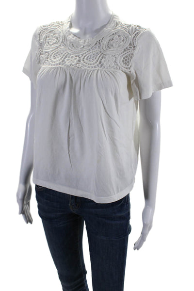 Chloe Womens Cotton Round Neck Battenberg Lace Blouse Top Milk White Size XS