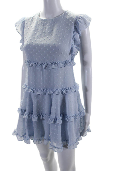 Bardot Womens Polka Dot Backless Ruffled Tiered Zip Button Dress Blue Size 14