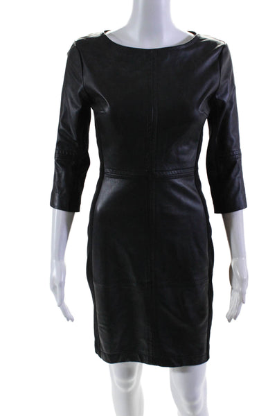 Trina Turk Womens Leather Long Sleeve Round Neck Sheath Dress Black Size 0