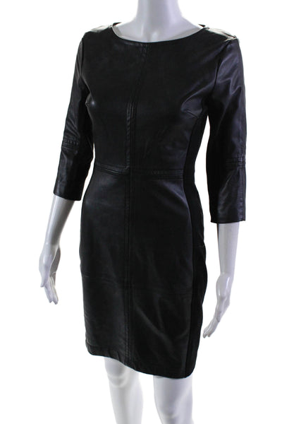 Trina Turk Womens Leather Long Sleeve Round Neck Sheath Dress Black Size 0