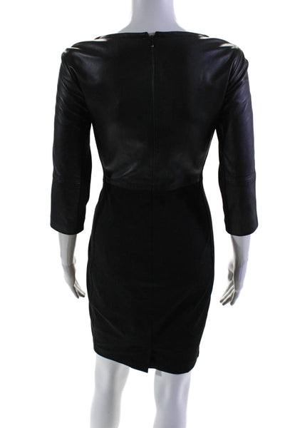 Trina Turk Womens Leather Long Sleeve Round Neck Sheath Dress Black Size 0