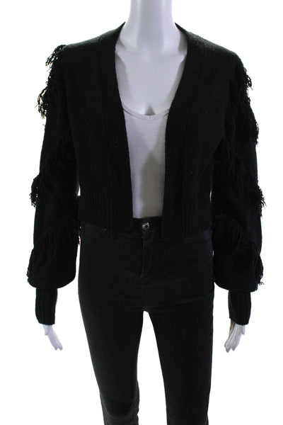 525 Womens Cotton open Front Long Sleeve Fringe Trim Sweater Black Size XS