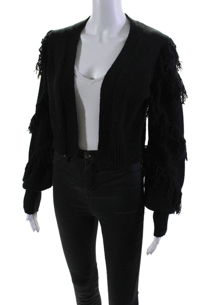 525 Womens Cotton open Front Long Sleeve Fringe Trim Sweater Black Size XS