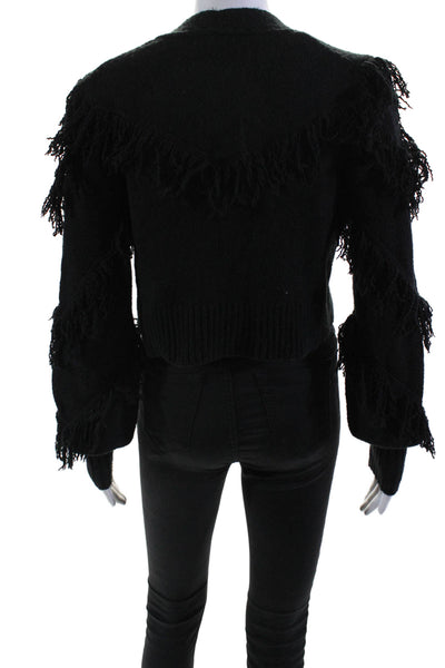 525 Womens Cotton open Front Long Sleeve Fringe Trim Sweater Black Size XS