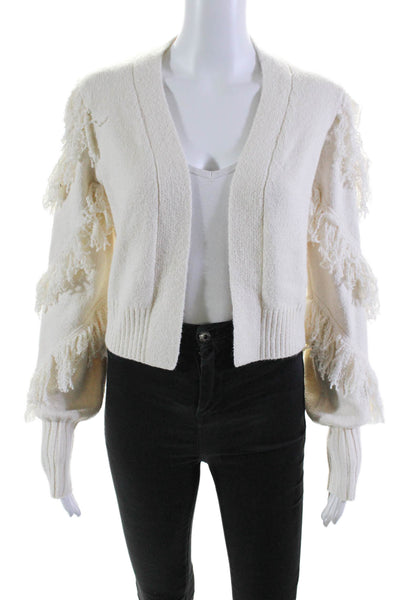 525 Womens Cotton open Front Long Sleeve Fringe Trim Sweater Cream Size XS