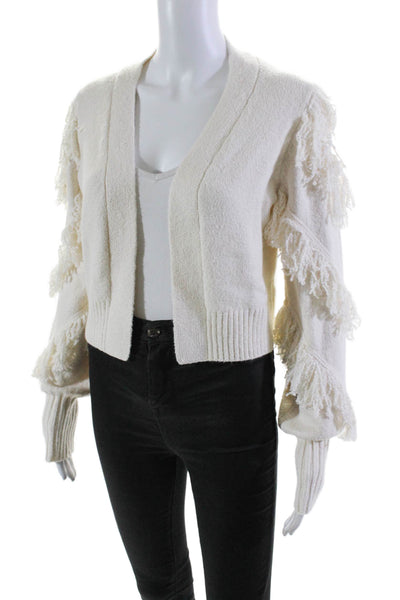 525 Womens Cotton open Front Long Sleeve Fringe Trim Sweater Cream Size XS