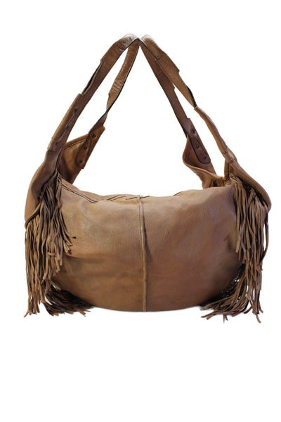 Abaco Womens Leather Fringe Trim Zip Up Hobo Shoulder Bag Brown