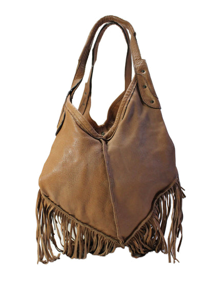 Abaco Womens Leather Fringe Trim Zip Up Hobo Shoulder Bag Brown