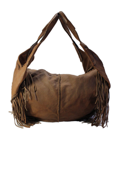 Abaco Womens Leather Fringe Trim Zip Up Hobo Shoulder Bag Brown