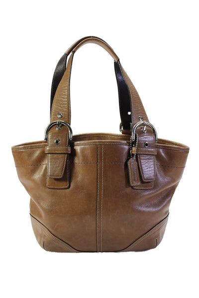 Coach Womens Leather Monogram Lined Zipped Buckle Strap Tote Handbag Brown