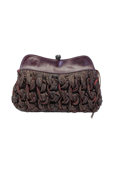 Katherine Kwei Womens Top Magnet Laced Clutch Handbag Leather Purple Small