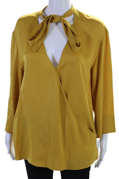 Theory Womens Silk V Neck Long Sleeves Relaxed Wrap Blouse Yellow Size Medium