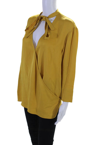 Theory Womens Silk V Neck Long Sleeves Relaxed Wrap Blouse Yellow Size Medium