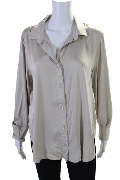 Bella Dahl Womens Long Sleeves Crew Neck Button Down Blouse Oat Beige Size Large