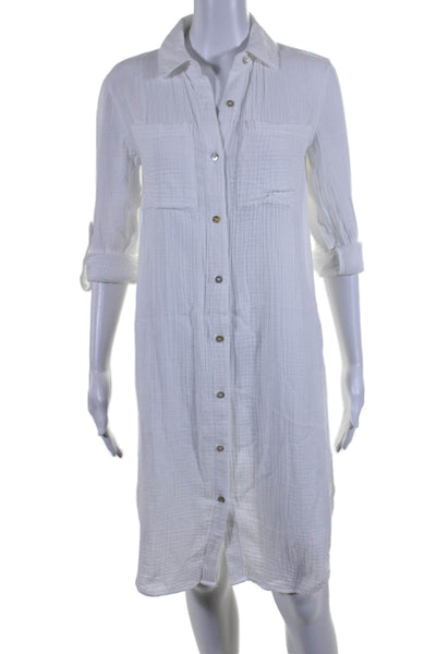 Magaschoni Womens Cotton Gauze Knee Length Button Down Shirt Dress White Size XS